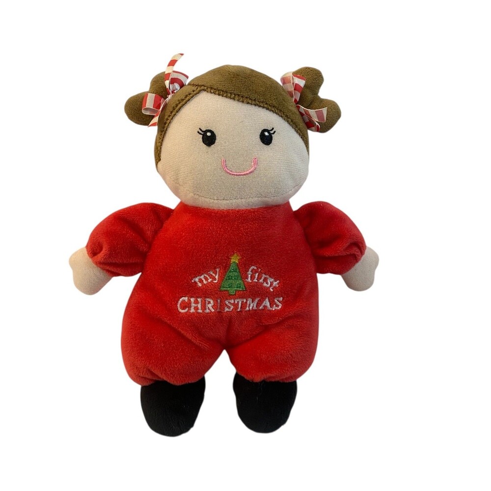 Baby Starters Doll Plush Brunette My First Christmas Stuffed Rattle 9 Inch Toy